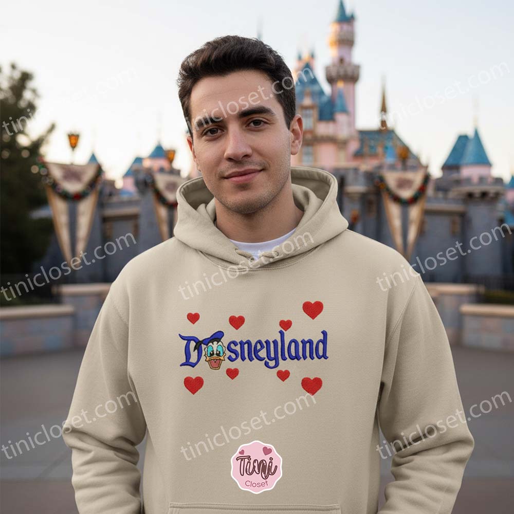 Embroidered Donald Duck Disneyland Sweatshirt, Cute Valentine Crewneck, Disney Hearts Hoodie & Shirt Embroidered Donald Duck Disneyland Sweatshirt, Cute Valentine Crewneck, Disney Hearts Hoodie & Shirt