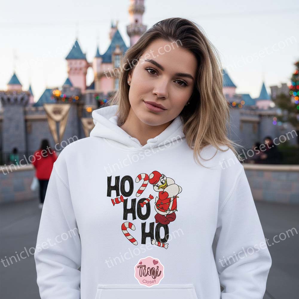 Embroidered Ho Ho Ho Christmas Daisy Duck Sweatshirt, Festive Holiday Crewneck & Hoodie, Cozy Gifts For Friends Embroidered Ho Ho Ho Christmas Daisy Duck Sweatshirt, Festive Holiday Crewneck & Hoodie, Cozy Gifts For Friends