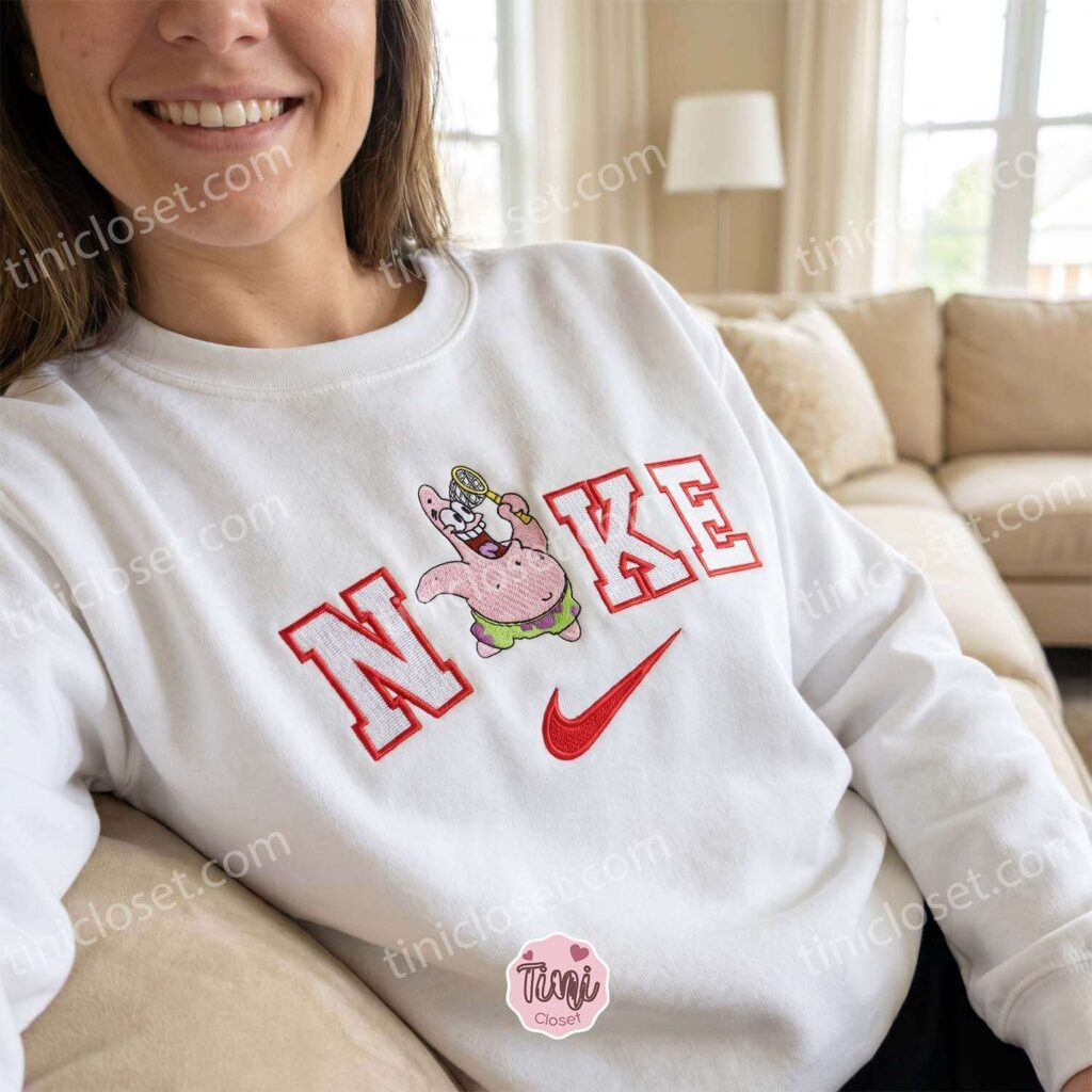 Patrick Star with Net Embroidered Sweatshirt, SpongeBob SquarePants Embroidered Hoodie, Galentine Gift Ideas Patrick Star with Net Embroidered Sweatshirt, SpongeBob SquarePants Embroidered Hoodie, Galentine Gift Ideas