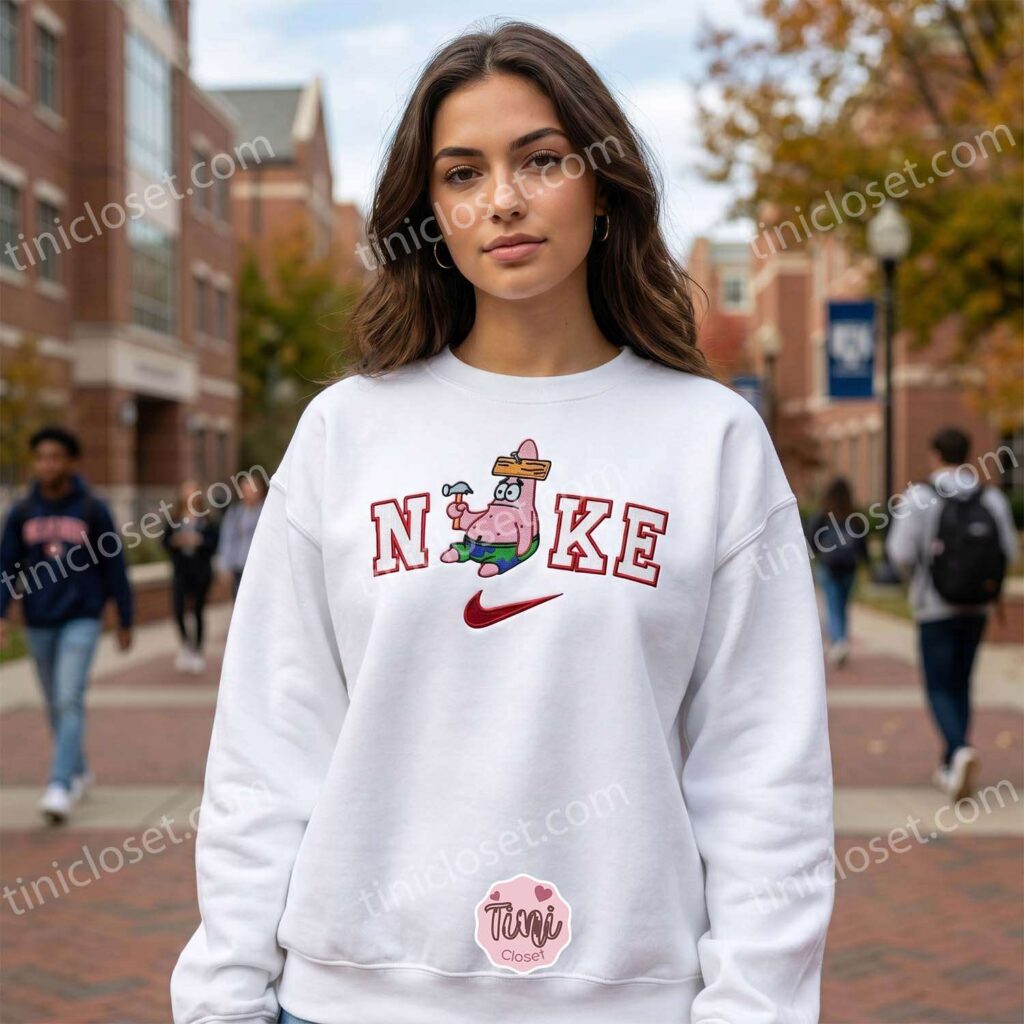 Patrick Star With A Hammer Embroidered Sweatshirt, SpongeBob SquarePants Embroidered T-shirt, Boyfriend Hoodie Gift