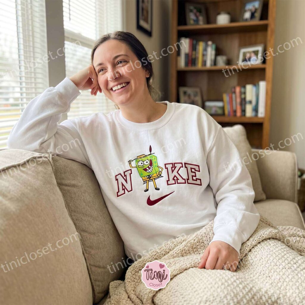 SpongeBob as The Mask Embroidered Sweatshirt, Custom Cartoon Character Embroidered T-shirt, Boyfriend Hoodie Gift SpongeBob as The Mask Embroidered Sweatshirt, Custom Cartoon Character Embroidered T-shirt, Boyfriend Hoodie Gift