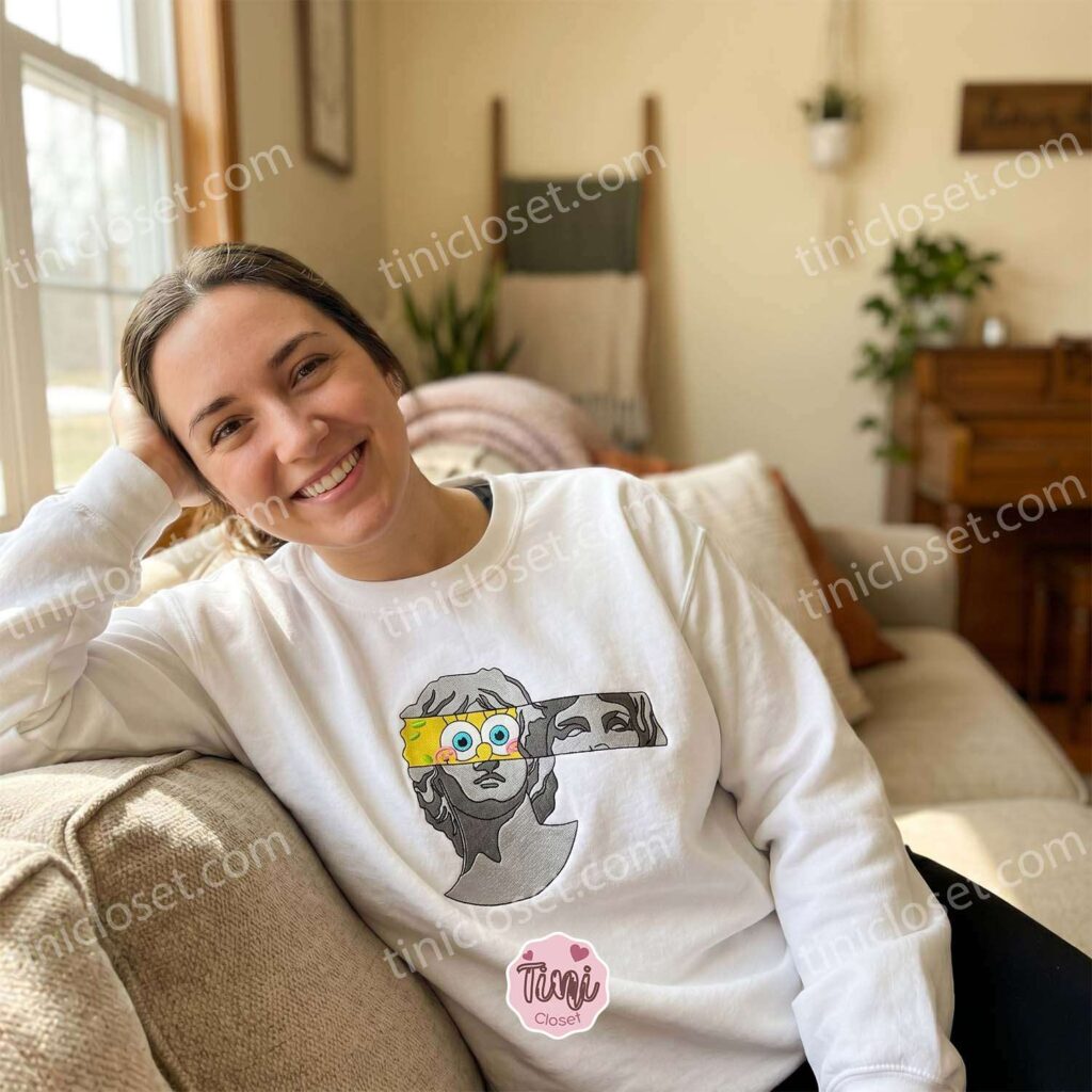 SpongeBob Vaporwave Greek Bust Mashup Embroidered Hoodie, Hidden Cartoon Face Art Apparel, Bestie Matching Shirts