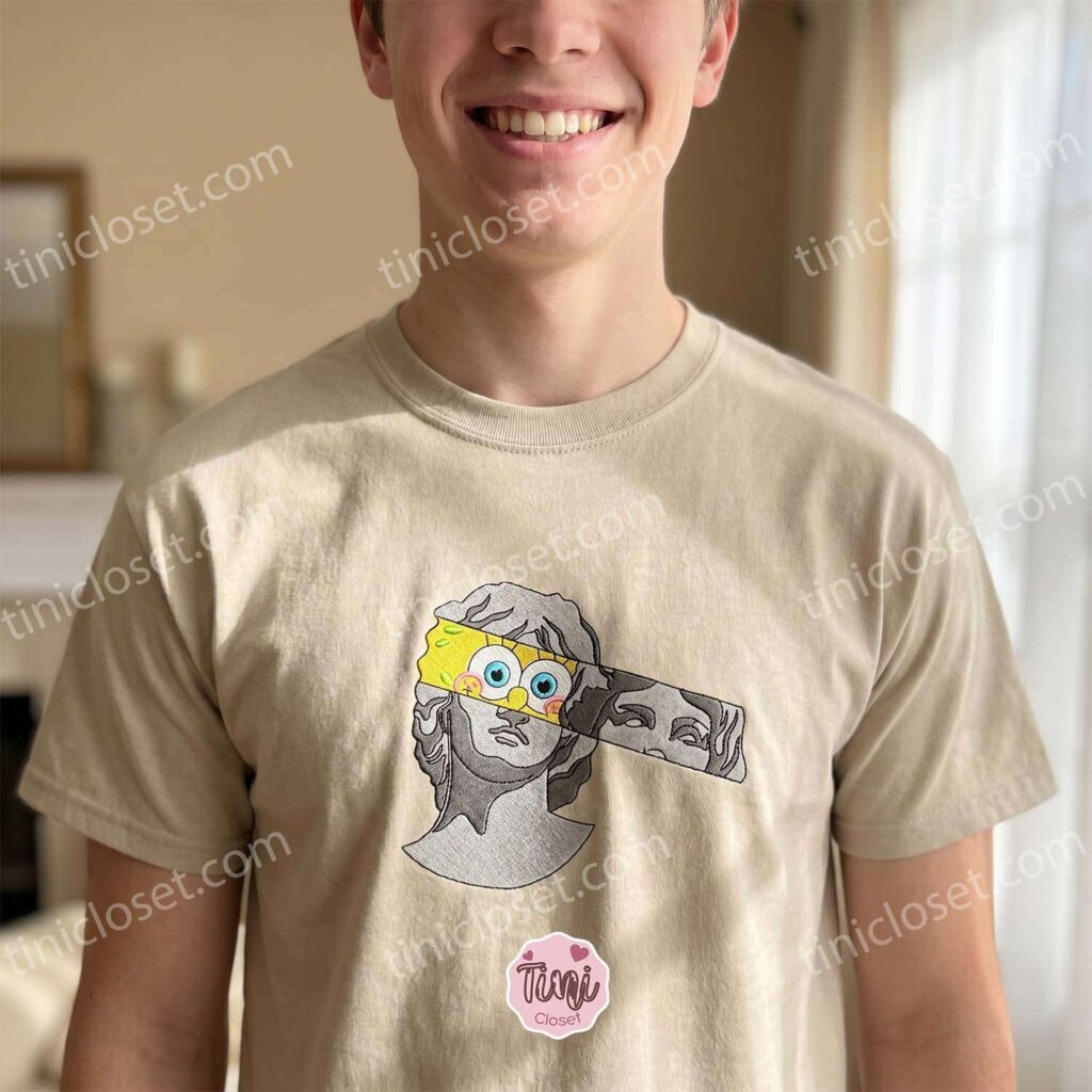 SpongeBob Vaporwave Greek Bust Mashup Embroidered Hoodie, Hidden Cartoon Face Art Apparel, Bestie Matching Shirts