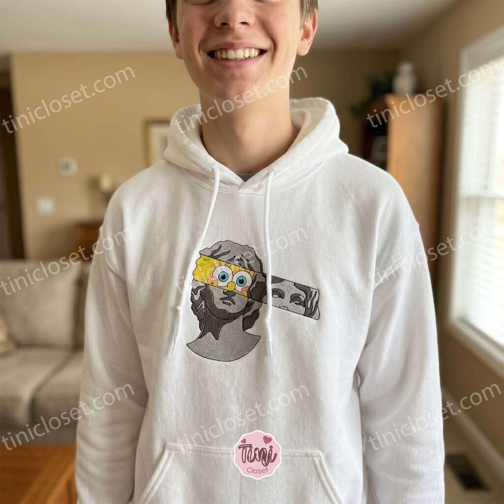 SpongeBob Vaporwave Greek Bust Mashup Embroidered Hoodie, Hidden Cartoon Face Art Apparel, Bestie Matching Shirts