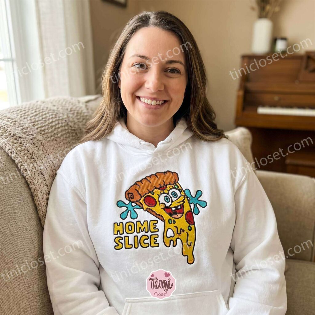 Funny Home Slice Pizza SpongeBob Cartoon Crewneck, SpongeBob SquarePants Embroidered T-shirt, Matching Couple Hoodies