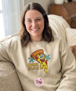 Funny Home Slice Pizza SpongeBob Cartoon Crewneck, SpongeBob SquarePants Embroidered T shirt, Matching Couple Hoodies (3)