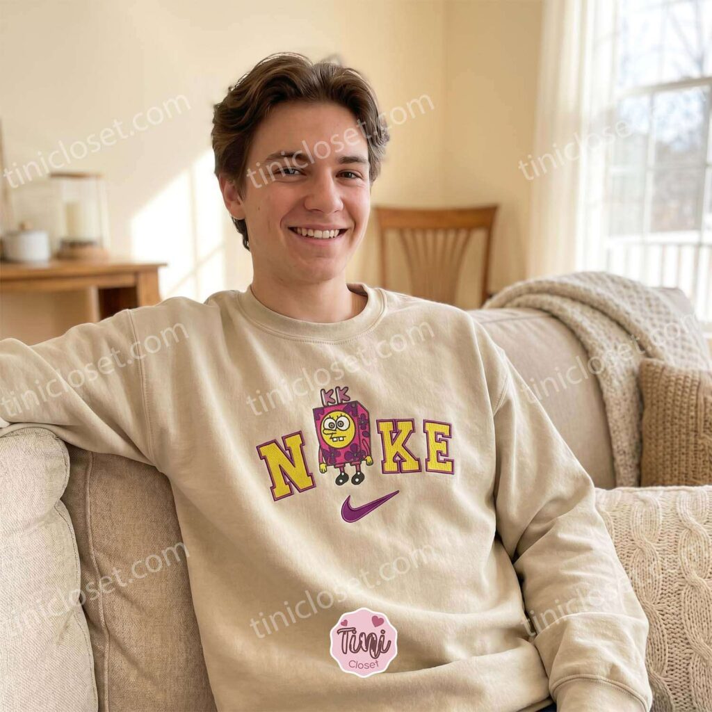 Funny Cartoon SpongeBob Embroidered Sweatshirt, Retro Cartoon Embroidered Hoodie, Cozy Gifts For Girlfriend