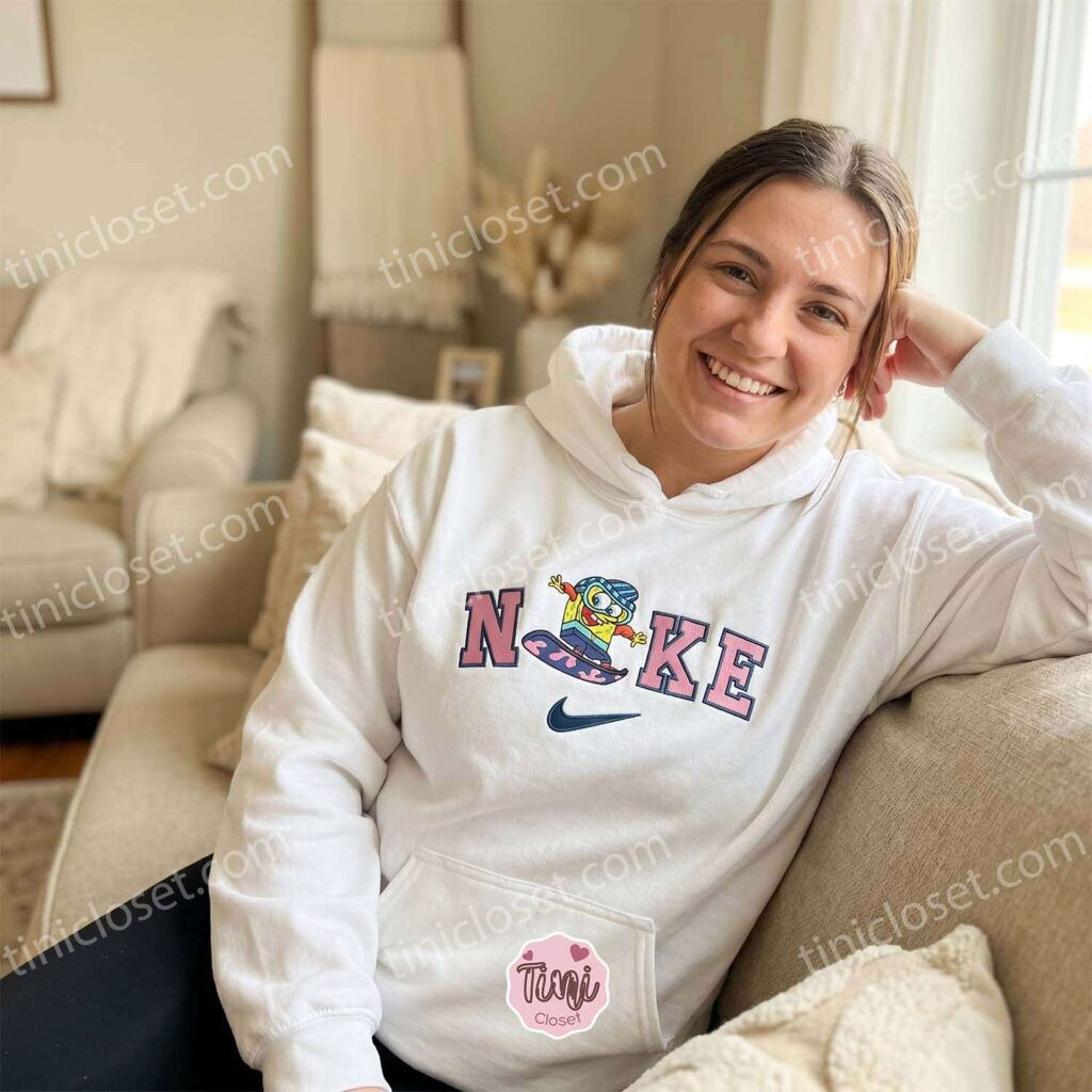 Funny SpongeBob Snowboarding Embroidered Sweatshirt, Retro Cartoon Winter Sports Hoodie, Bestie Matching Shirts