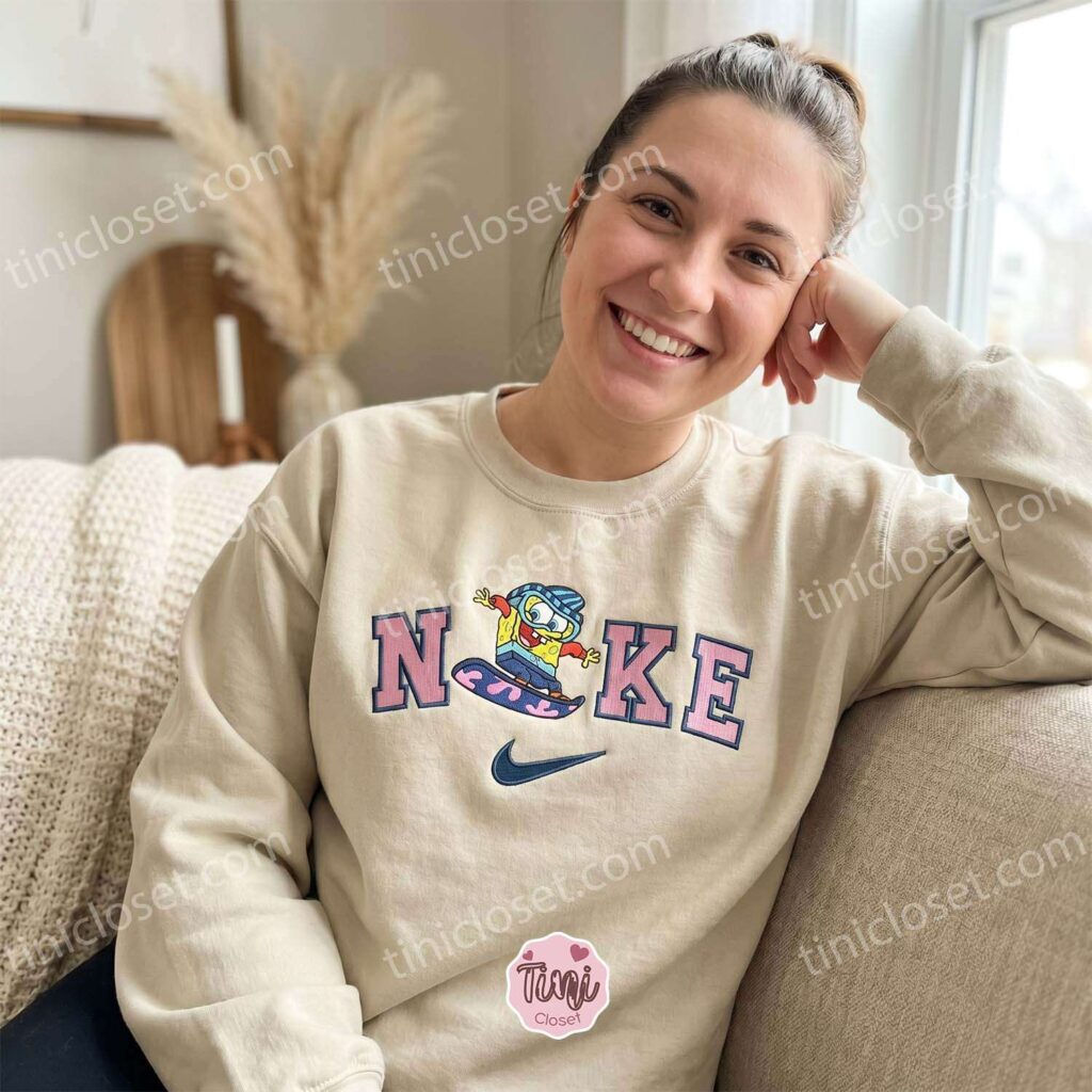Funny SpongeBob Snowboarding Embroidered Sweatshirt, Retro Cartoon Winter Sports Hoodie, Bestie Matching Shirts
