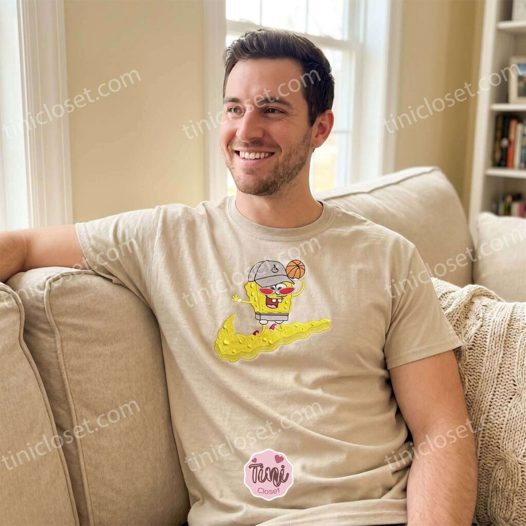SpongeBob Hoops Embroidered Sweatshirt, Basketball Streetwear Hoodie, 1st Anniversary Gift For Boyfriend
