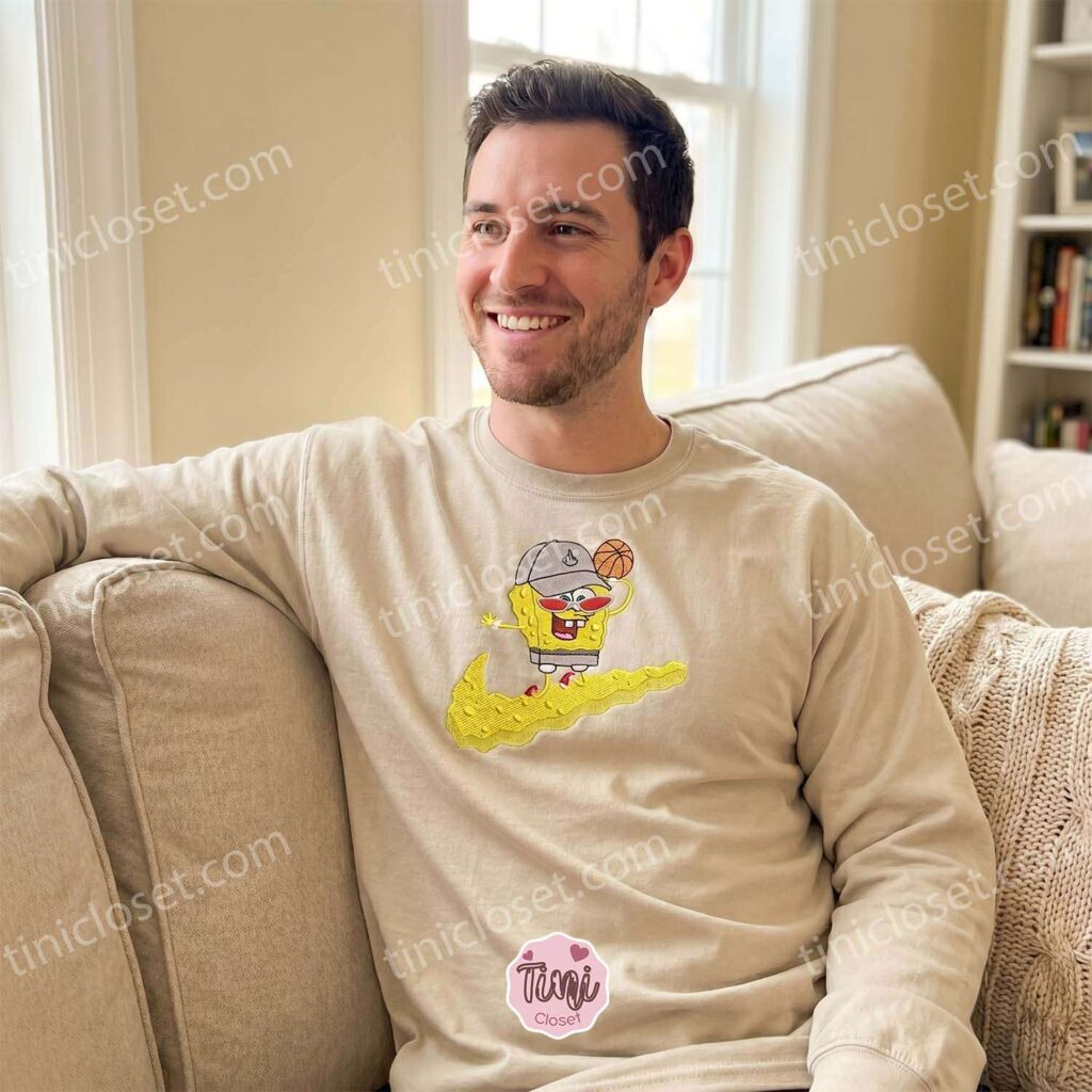 SpongeBob Hoops Embroidered Sweatshirt, Basketball Streetwear Hoodie, 1st Anniversary Gift For Boyfriend