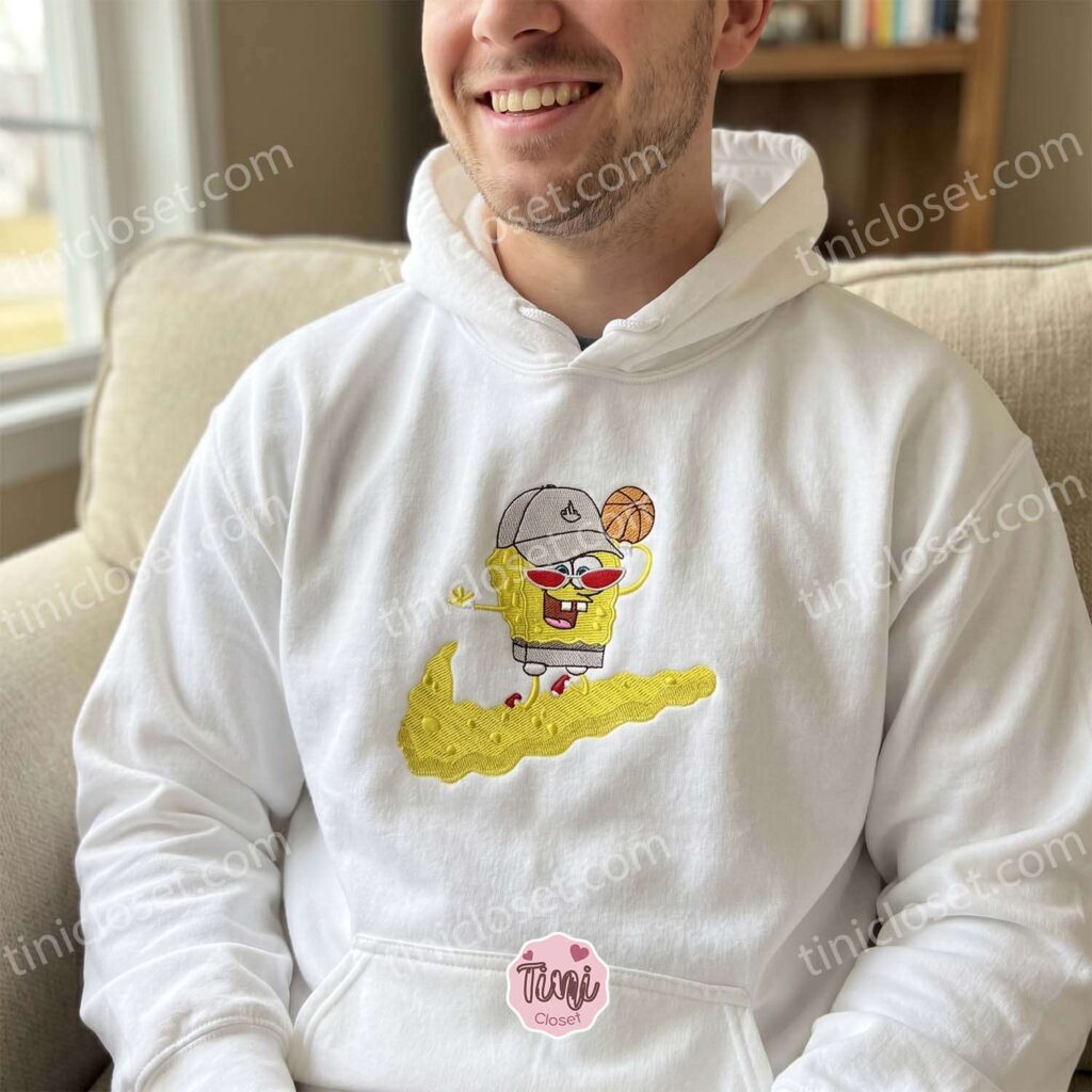 SpongeBob Hoops Embroidered Sweatshirt, Basketball Streetwear Hoodie, 1st Anniversary Gift For Boyfriend