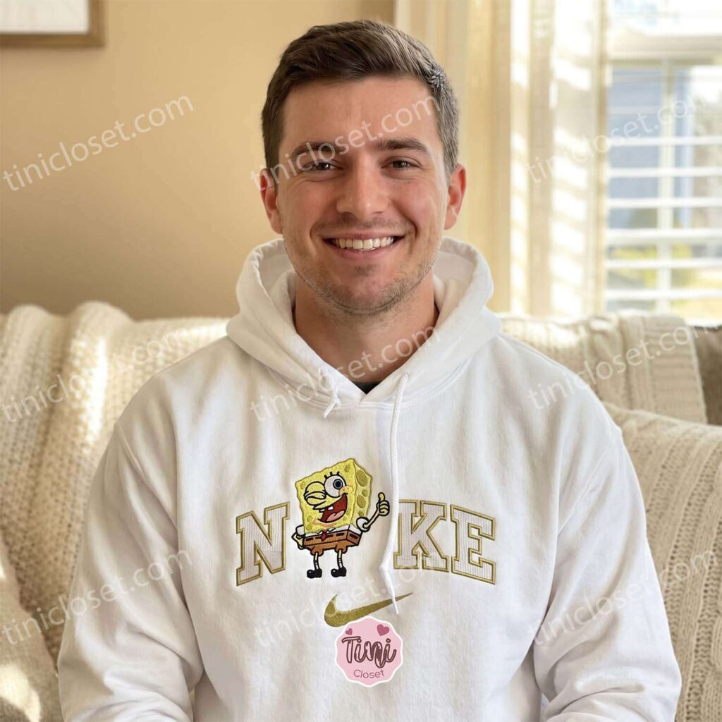 Cartoon SpongeBob Embroidered Sweatshirt, Y2K Nostalgic Graphic Tee, Retro Bestie Matching Shirts & Hoodies