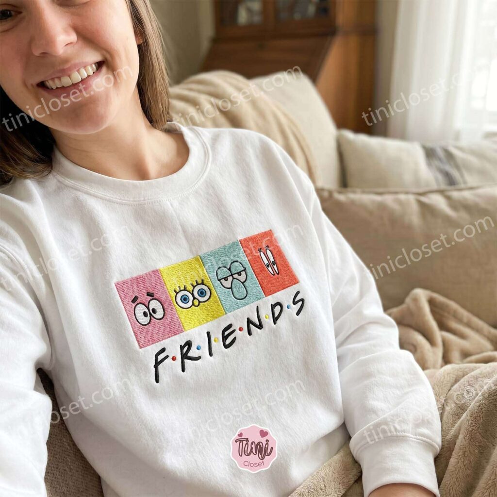 Spongebob Squarepants Patrick Star Squidward Tentacles Mr. Krabs Cartoon Friends Squad Embroidered Sweatshirt, 90s Nostalgia Mashup Hoodie, Fun Galentine Gift Ideas