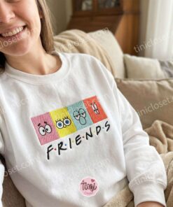 Spongebob Squarepants Patrick Star Squidward Tentacles Mr. Krabs Cartoon Friends Squad Embroidered Sweatshirt, 90s Nostalgia Mashup Hoodie, Fun Galentine Gift Ideas (1)