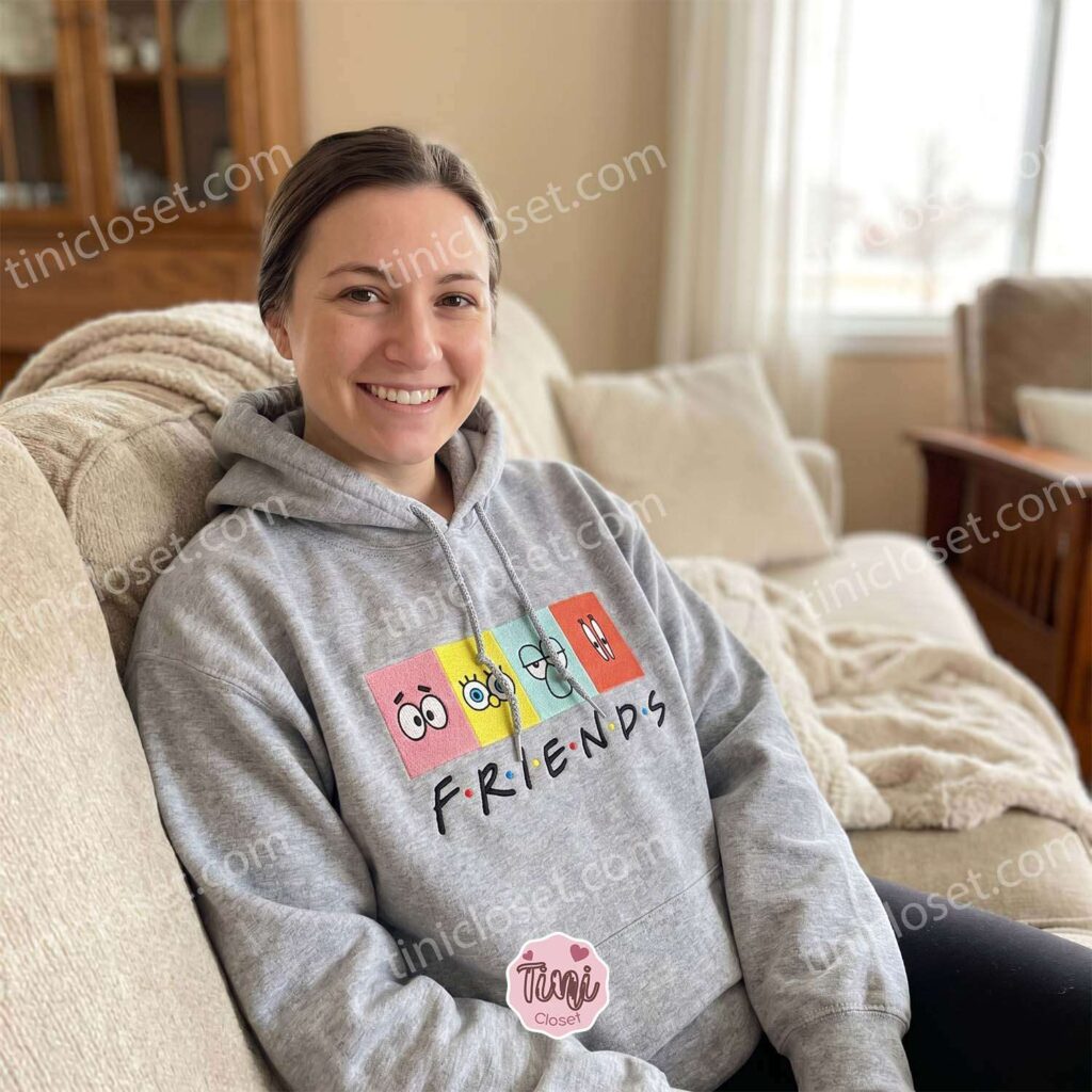 Spongebob Squarepants Patrick Star Squidward Tentacles Mr. Krabs Cartoon Friends Squad Embroidered Sweatshirt, 90s Nostalgia Mashup Hoodie, Fun Galentine Gift Ideas