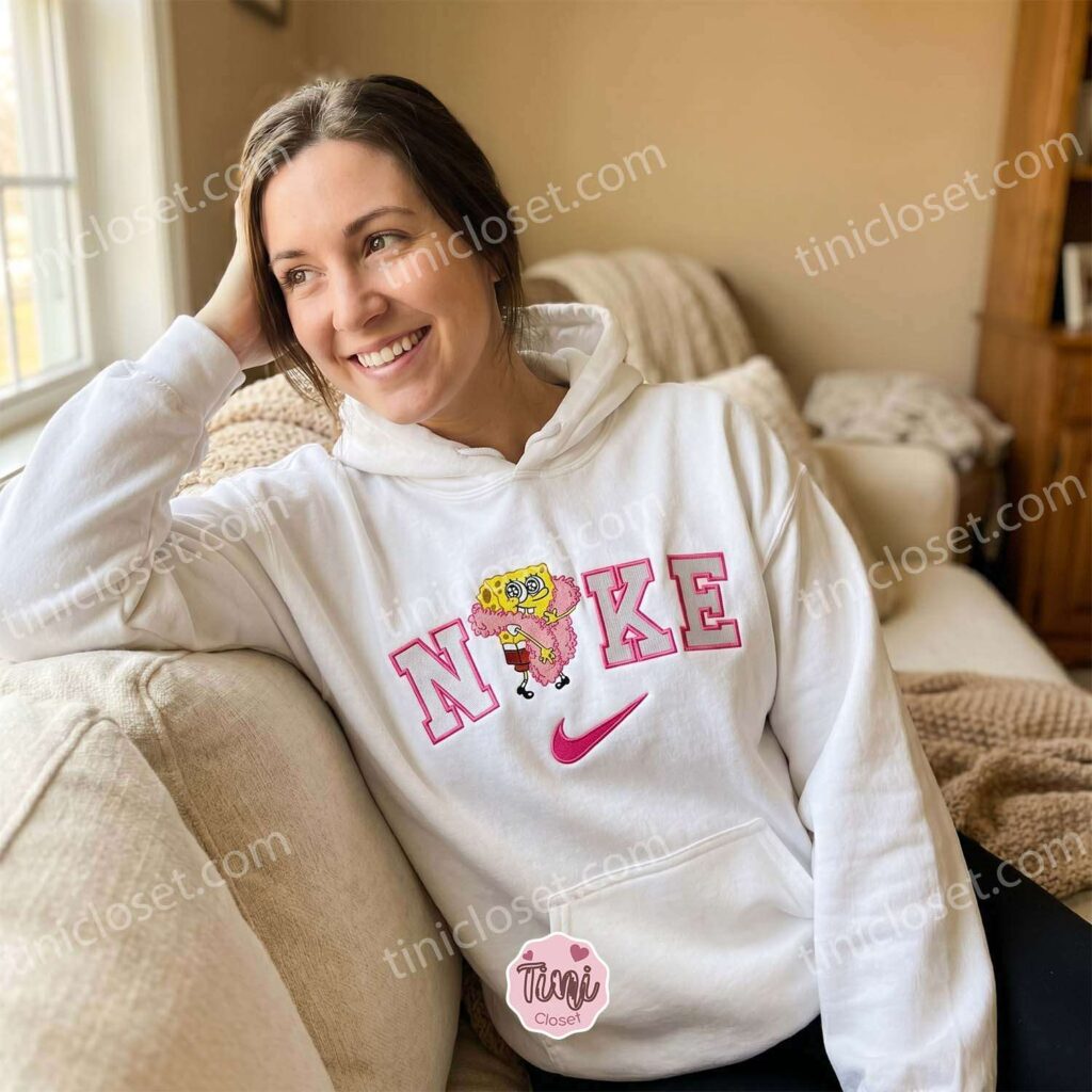 SpongeBob With A Pink Feather Boa Cartoon Embroidered Sweatshirt, SpongeBob SquarePants Embroidered Hoodie, Sending A Hug Gift