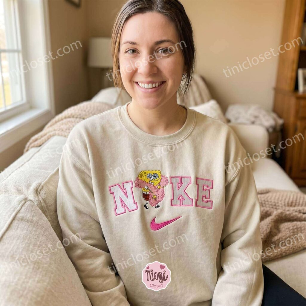 SpongeBob With A Pink Feather Boa Cartoon Embroidered Sweatshirt, SpongeBob SquarePants Embroidered Hoodie, Sending A Hug Gift