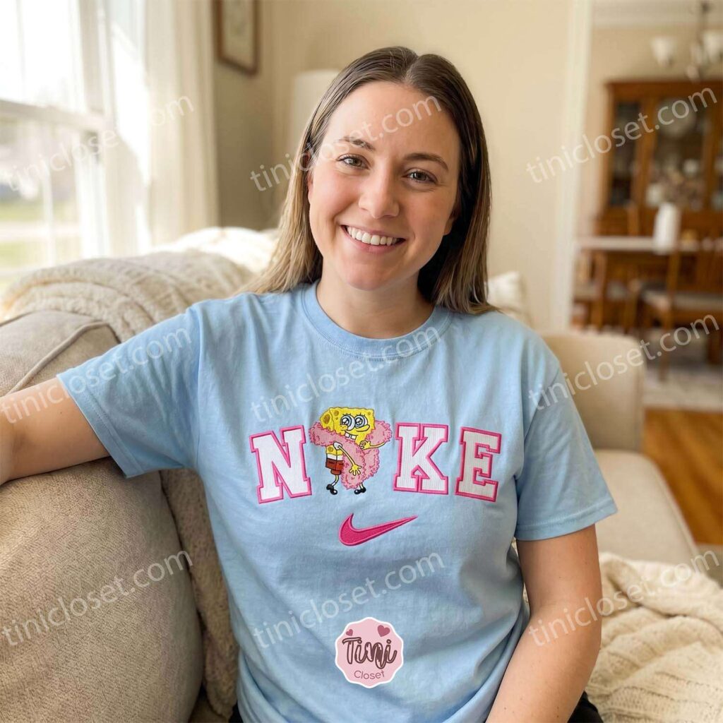 SpongeBob With A Pink Feather Boa Cartoon Embroidered Sweatshirt, SpongeBob SquarePants Embroidered Hoodie, Sending A Hug Gift