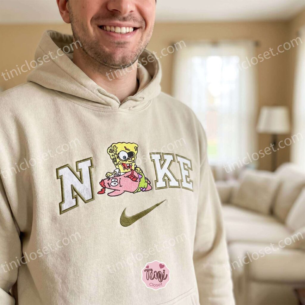 Zombie SpongeBob Cartoon Embroidered Sweatshirt, Creepy Horror Nostalgia Graphic Hoodie, Dark Humor Apparel, Boyfriend Hoodie Gift