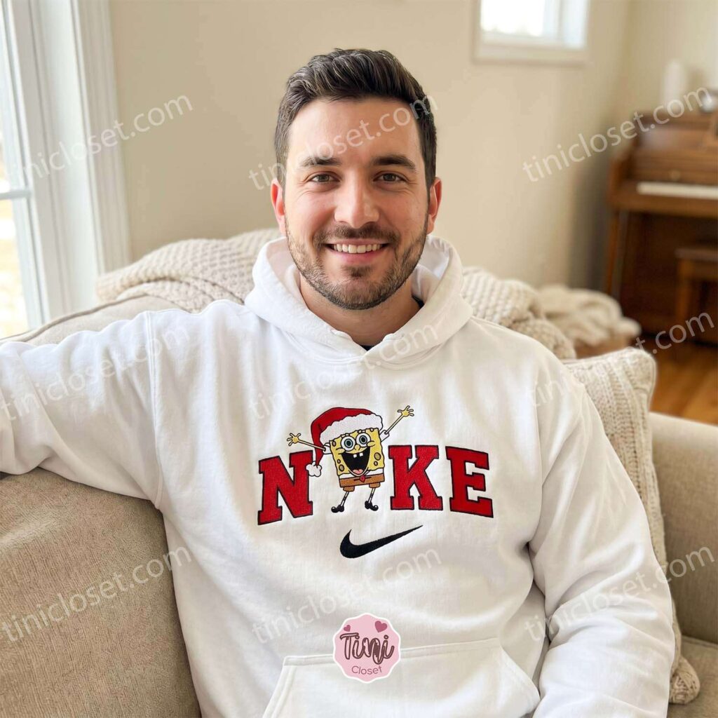 Nostalgic Christmas SpongeBob Cartoon Embroidery Sweatshirt, Funny Holiday Character Apparel, Cozy Gifts For Friends