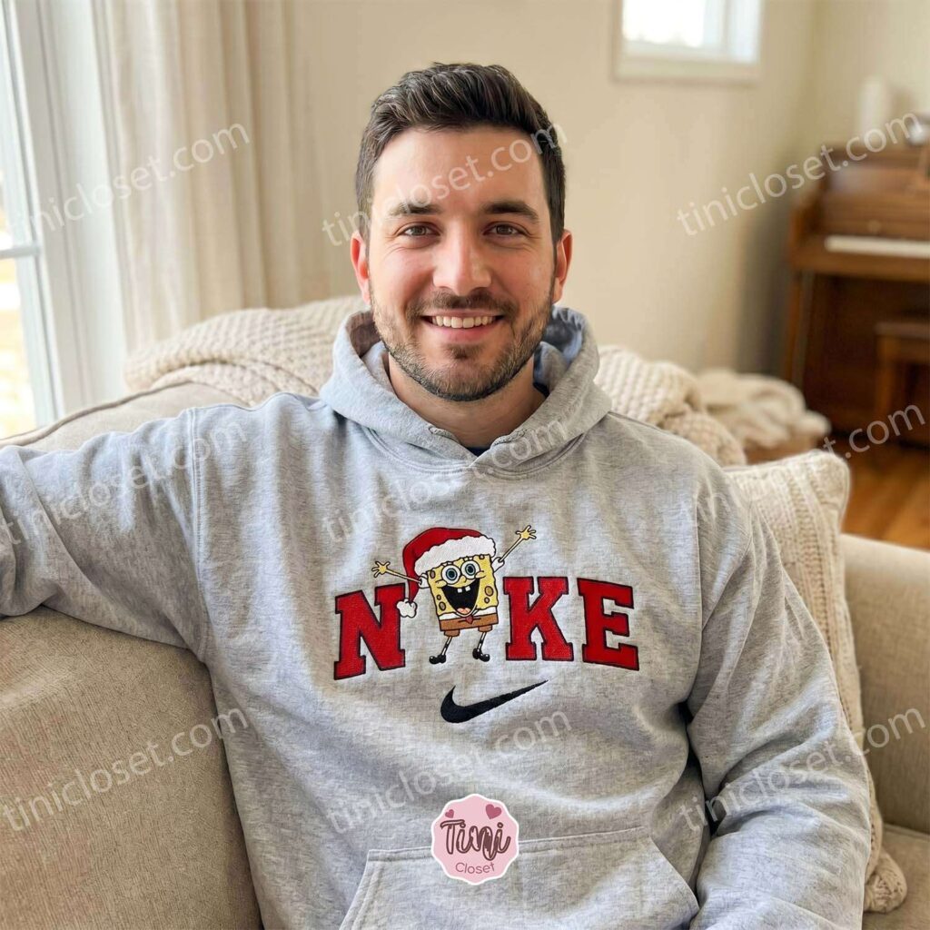 Nostalgic Christmas SpongeBob Cartoon Embroidery Sweatshirt, Funny Holiday Character Apparel, Cozy Gifts For Friends