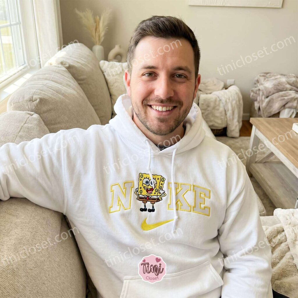Custom SpongeBob Character Embroidered Sweatshirt, Nostalgic Cartoon Hoodie, Miss You Gift For Him or Her