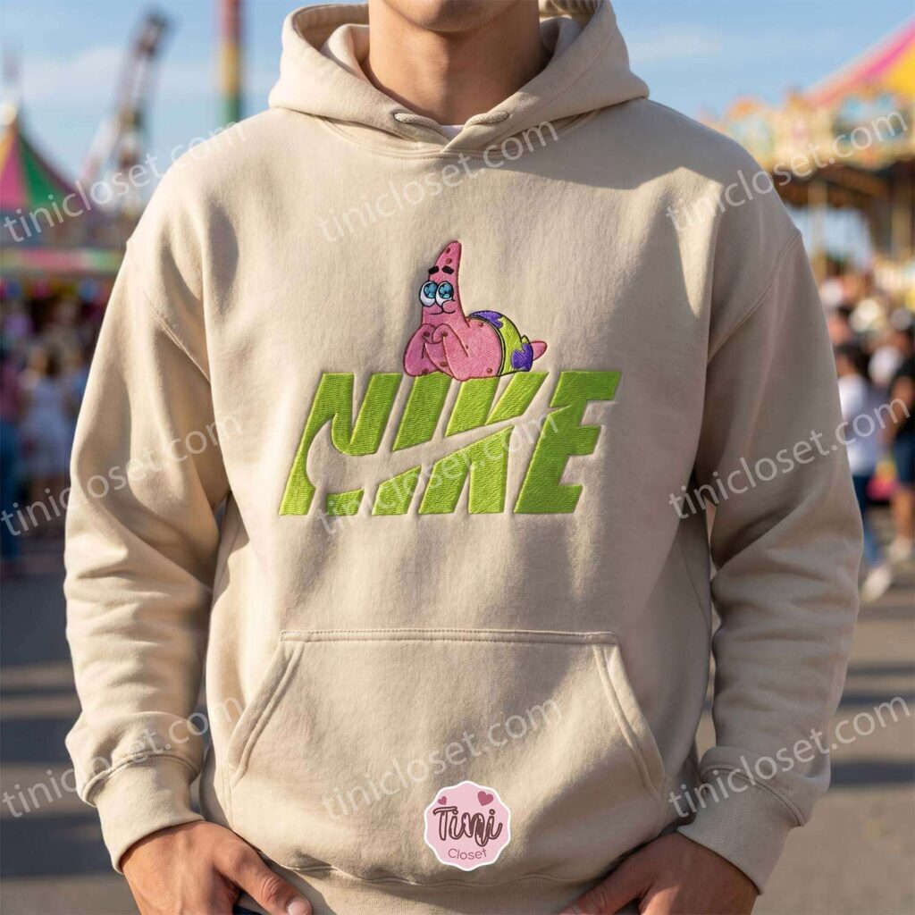 Cute Patrick Star Embroidered Sweatshirt, Classic Cartoon Crewneck & T-Shirt, Oversized Hoodie For Girlfriend