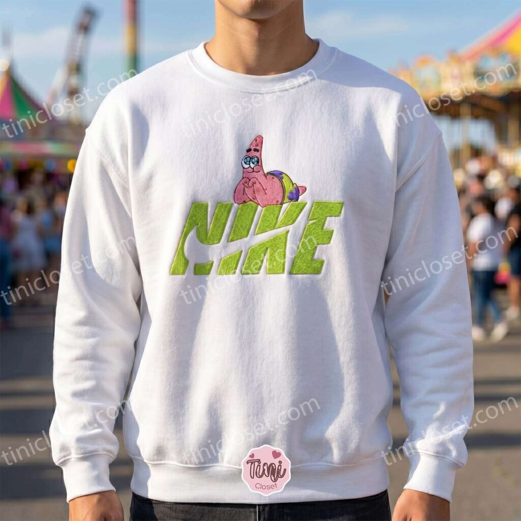 Cute Patrick Star Embroidered Sweatshirt, Classic Cartoon Crewneck & T-Shirt, Oversized Hoodie For Girlfriend