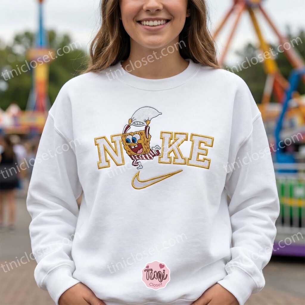 SpongeBob with Pillow Embroidered Sweatshirt, SpongeBob SquarePants Embroidered Hoodie, Galentine Gift Ideas