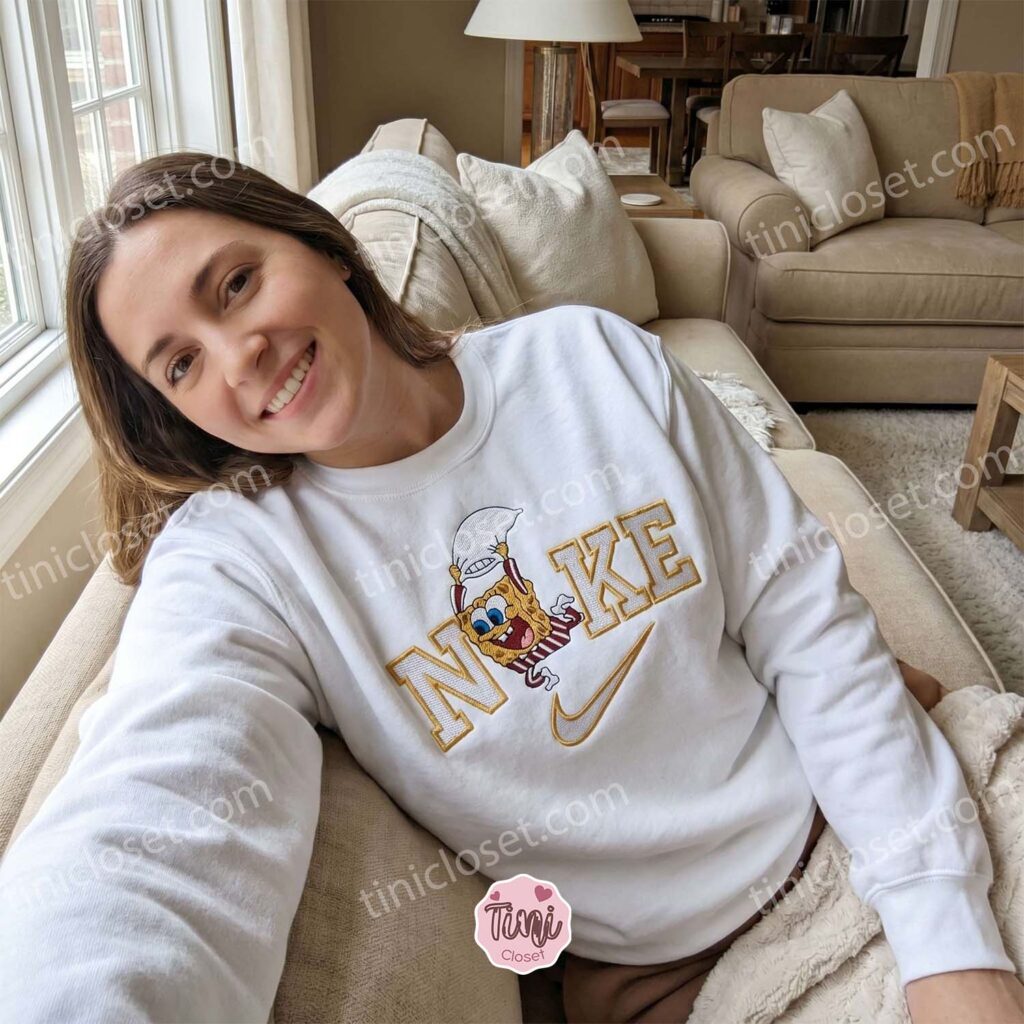 SpongeBob with Pillow Embroidered Sweatshirt, SpongeBob SquarePants Embroidered Hoodie, Galentine Gift Ideas