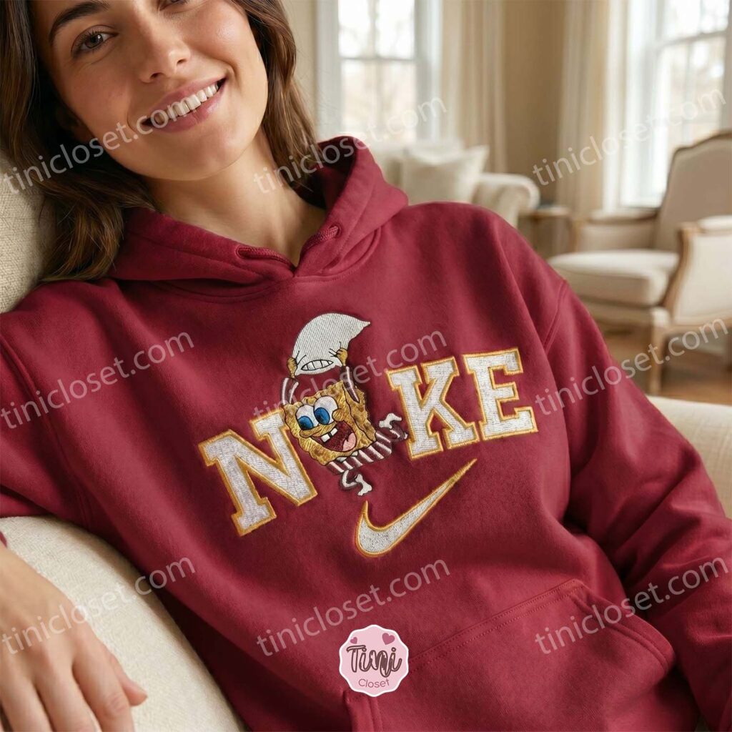 SpongeBob with Pillow Embroidered Sweatshirt, SpongeBob SquarePants Embroidered Hoodie, Galentine Gift Ideas