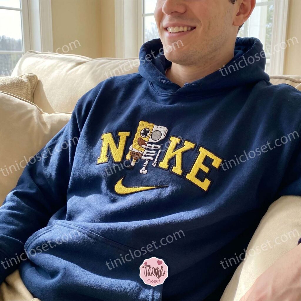 SpongeBob Skeleton Embroidered Sweatshirt, SpongeBob SquarePants Embroidered T-shirt, Couple Embroidered Hoodie