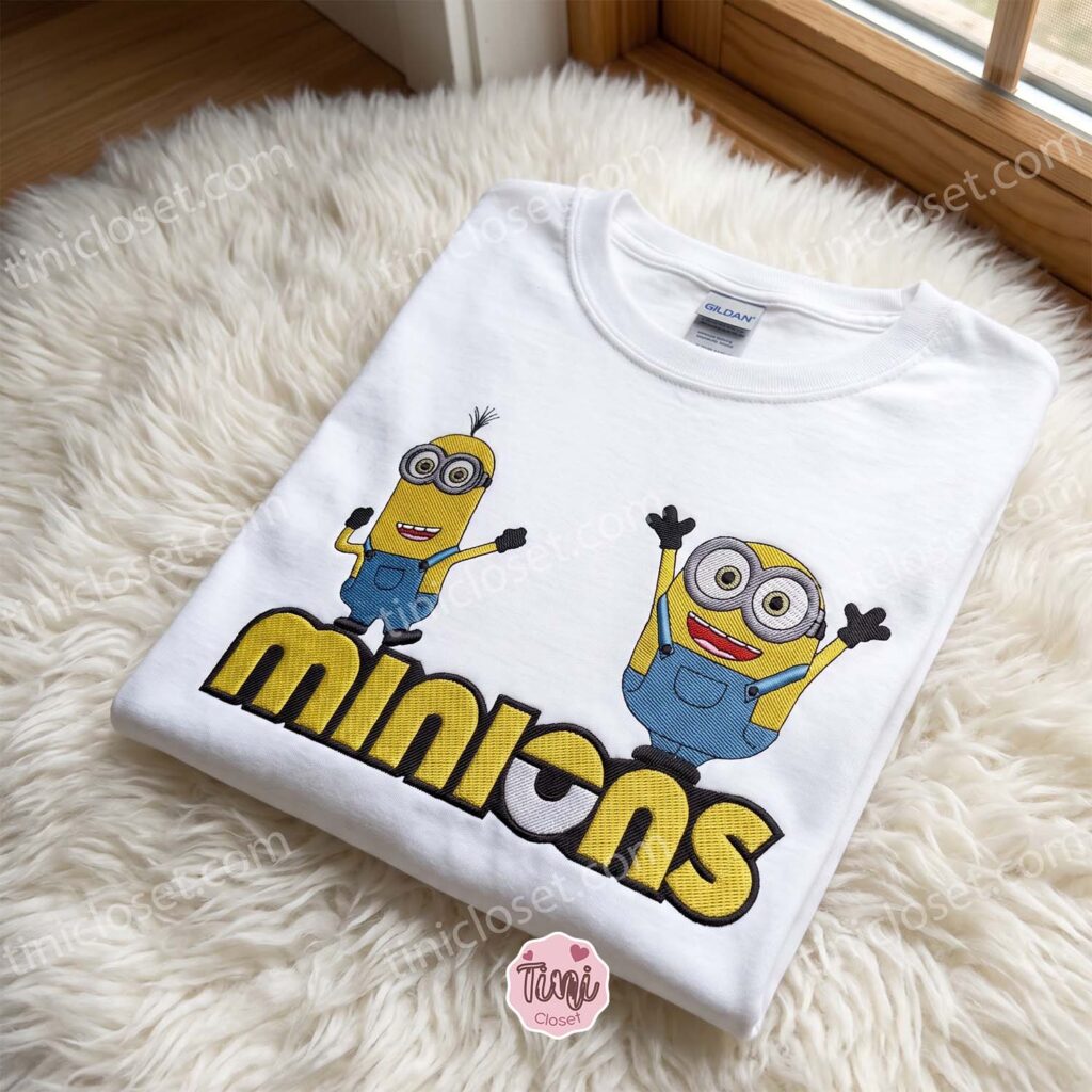 Minions Embroidered T-shirt, Movie Characters Embroidered Shirt, Cozy Gifts For Girlfriend Minions Embroidered T-shirt, Movie Characters Embroidered Shirt, Cozy Gifts For Girlfriend
