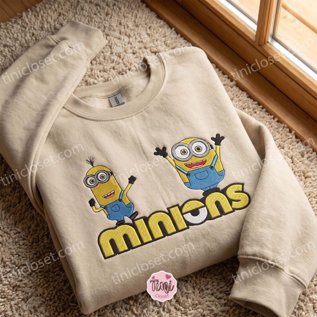 Minions Embroidered T-shirt, Movie Characters Embroidered Shirt, Cozy Gifts For Girlfriend Minions Embroidered T-shirt, Movie Characters Embroidered Shirt, Cozy Gifts For Girlfriend