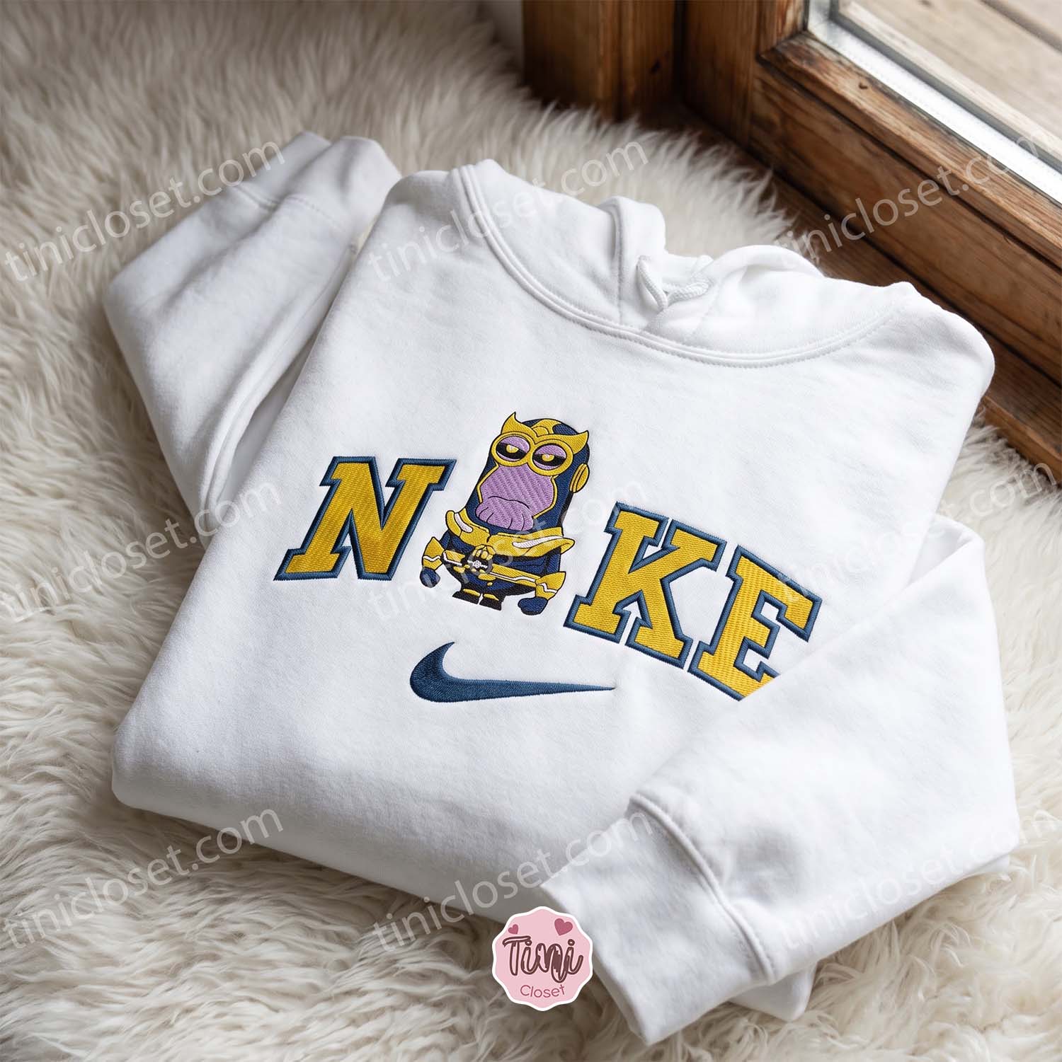 Thanos Minions Embroidered T-shirt, Movie Characters Embroidered Shirt, Cozy Gifts For Family Thanos Minions Embroidered T-shirt, Movie Characters Embroidered Shirt, Cozy Gifts For Family
