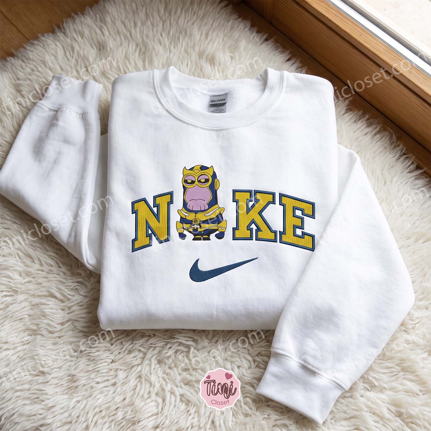 Thanos Minions Embroidered T-shirt, Movie Characters Embroidered Shirt, Cozy Gifts For Family Thanos Minions Embroidered T-shirt, Movie Characters Embroidered Shirt, Cozy Gifts For Family