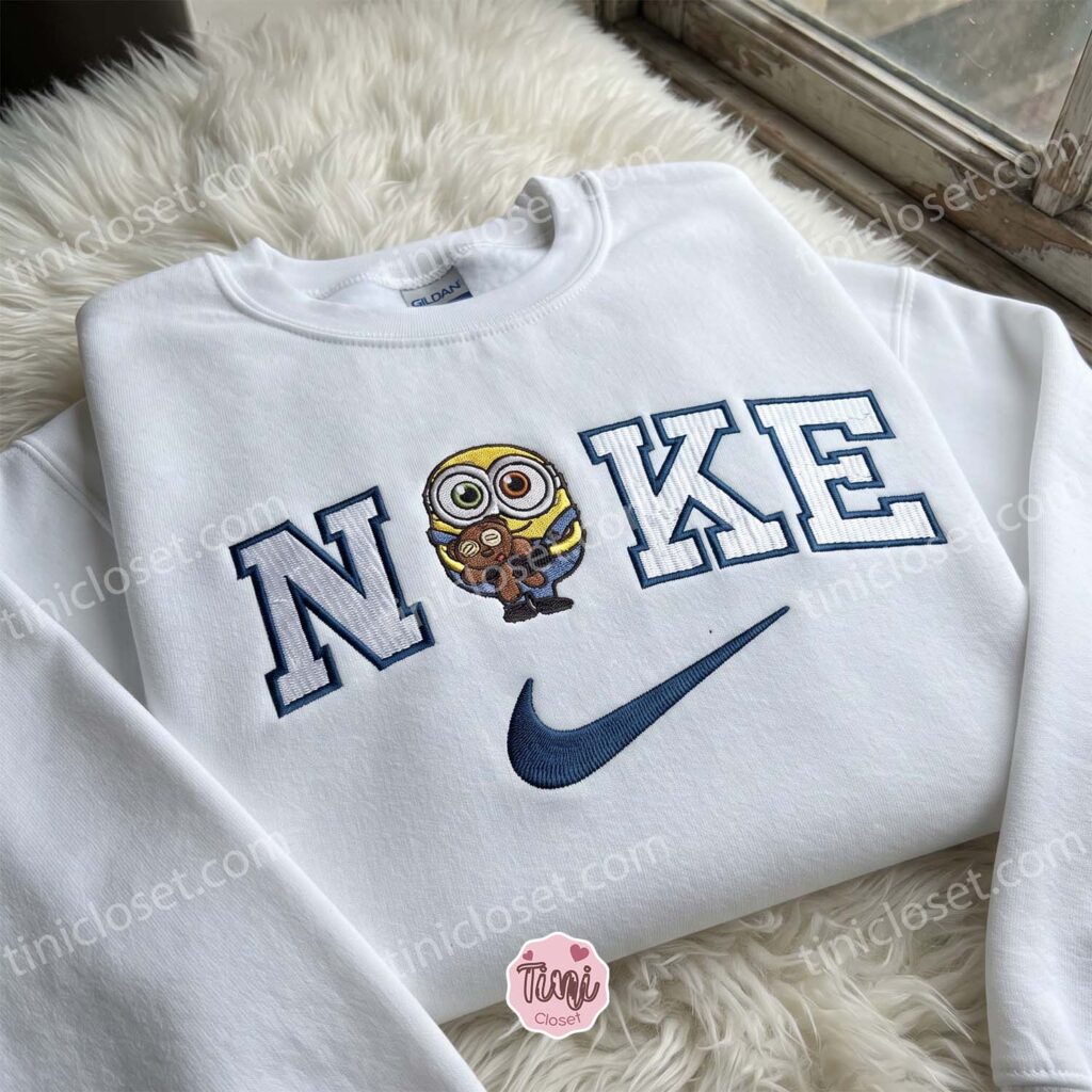 Minion Bob with Tim Bear Embroidered Sweatshirt, Minions Movie Characters Embroidered Shirt, Cozy Gifts For Girlfriend