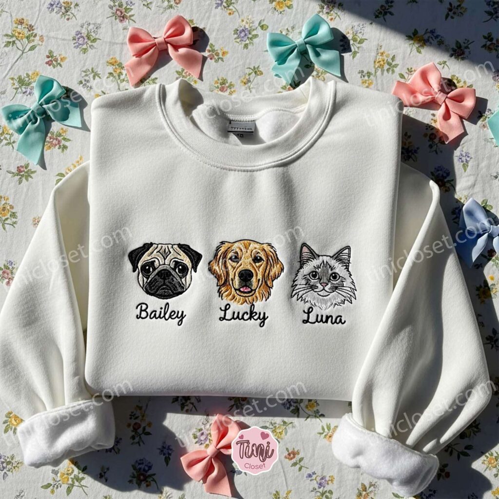 Personalized Custom Cat Hoodie, Embroidered Dog Face Sweatshirt, Custom Pet T-shirt, Embroidered Meow Cat Shirt