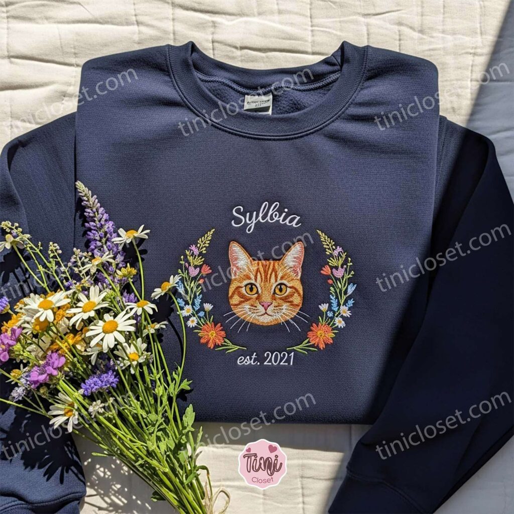 Personalized Custom Cat Hoodie, Embroidered Dog Face Sweatshirt, Custom Pet T-shirt, Embroidered Meow Cat Shirt