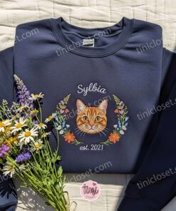 Personalized Custom Cat Hoodie, Embroidered Dog Face Sweatshirt, Custom Pet T shirt, Embroidered Meow Cat Shirt (1) 1