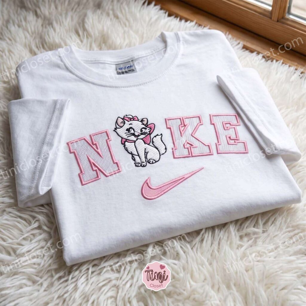 Cozy Pink Marie The Aristocats Embroidered Sweatshirt, Cat Lover Hoodie, Long Distance Relationship Gifts