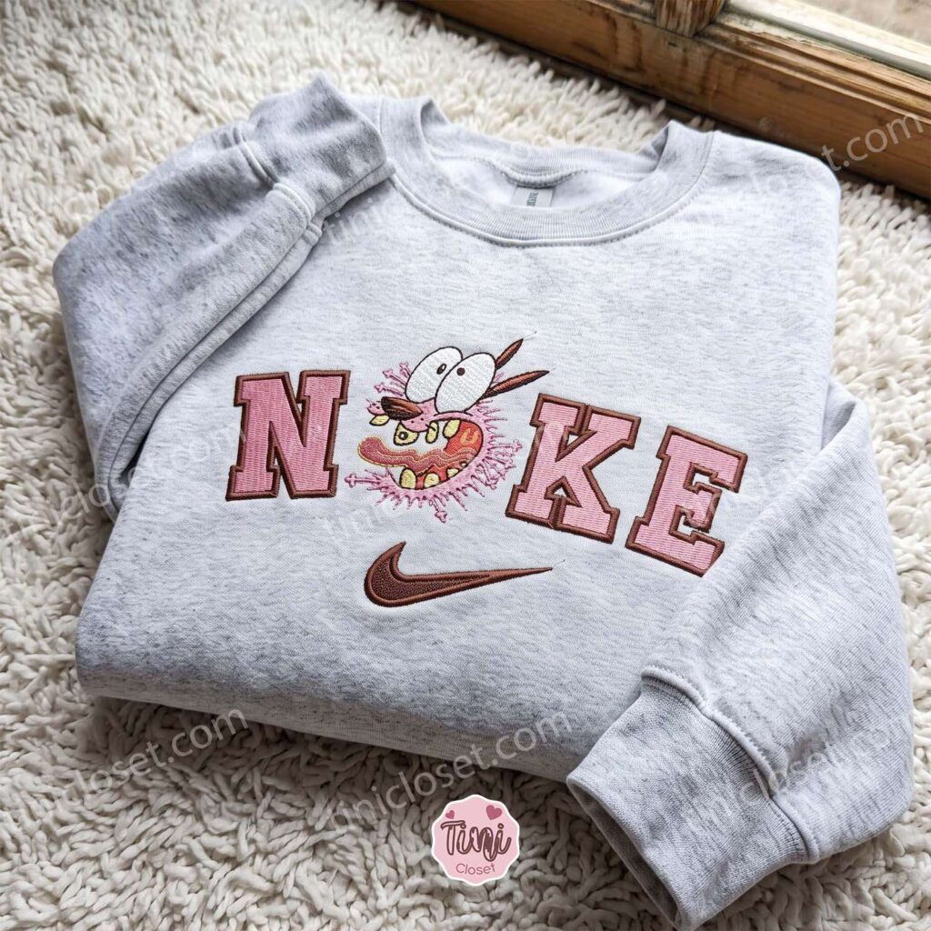 Courage the Cowardly Dog Cartoon Embroidered Sweatshirt, Cozy Gifts For Girlfriend, Pink Lettering Retro Crewneck Courage the Cowardly Dog Cartoon Embroidered Sweatshirt, Cozy Gifts For Girlfriend, Pink Lettering Retro Crewneck