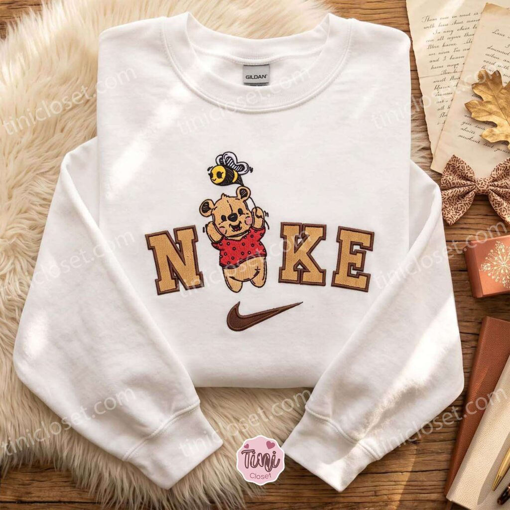 Custom Winnie Pooh Bear With Bee Balloon Embroidered Tee, Cute Disney Cartoon Embroidered Sweatshirt, Galentine Gift Ideas