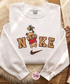 Custom Winnie Pooh Bear With Bee Balloon Embroidered Tee, Cute Disney Cartoon Embroidered Sweatshirt, Galentine Gift Ideas (1)