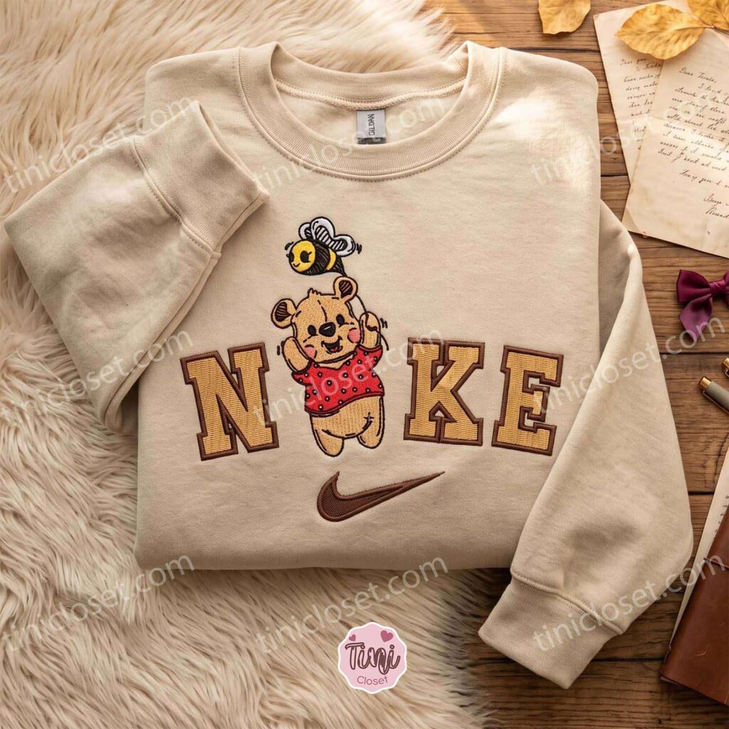 Custom Winnie Pooh Bear With Bee Balloon Embroidered Tee, Cute Disney Cartoon Embroidered Sweatshirt, Galentine Gift Ideas