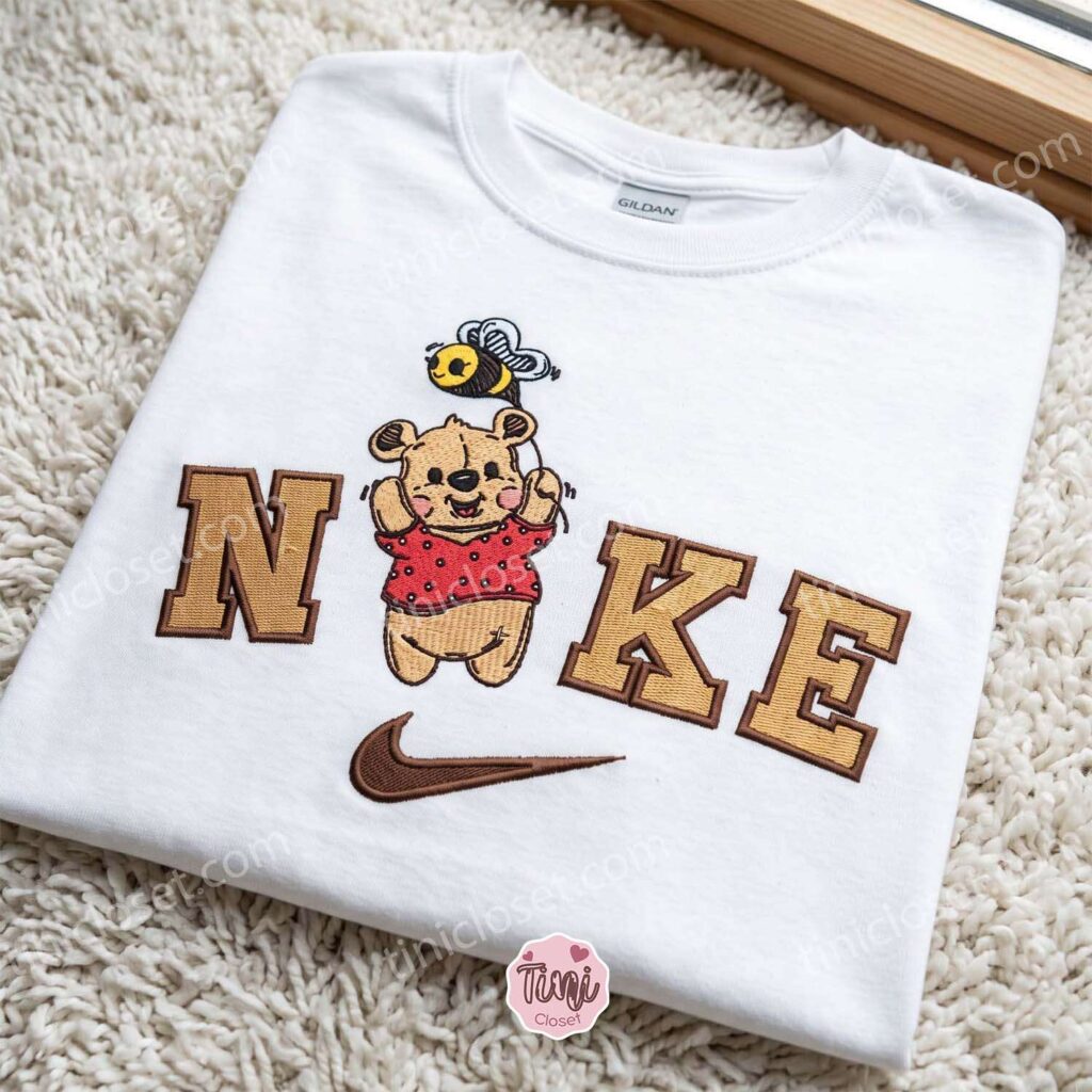 Custom Winnie Pooh Bear With Bee Balloon Embroidered Tee, Cute Disney Cartoon Embroidered Sweatshirt, Galentine Gift Ideas
