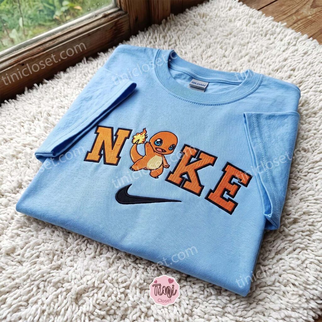 Charmander Anime Character Embroidered Sweatshirt, Vintage Varsity Style Crewneck, Just Because Gift For Him Charmander Anime Character Embroidered Sweatshirt, Vintage Varsity Style Crewneck, Just Because Gift For Him