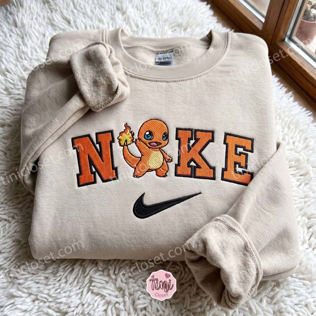 Charmander Anime Character Embroidered Sweatshirt, Vintage Varsity Style Crewneck, Just Because Gift For Him Charmander Anime Character Embroidered Sweatshirt, Vintage Varsity Style Crewneck, Just Because Gift For Him