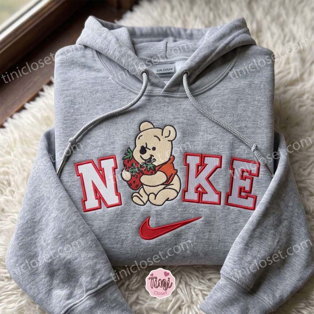 Winnie-the-Pooh Holding Strawberries Embroidered Hoodie, Disney Embroidered Sweatshirt, Bestie Matching Shirts